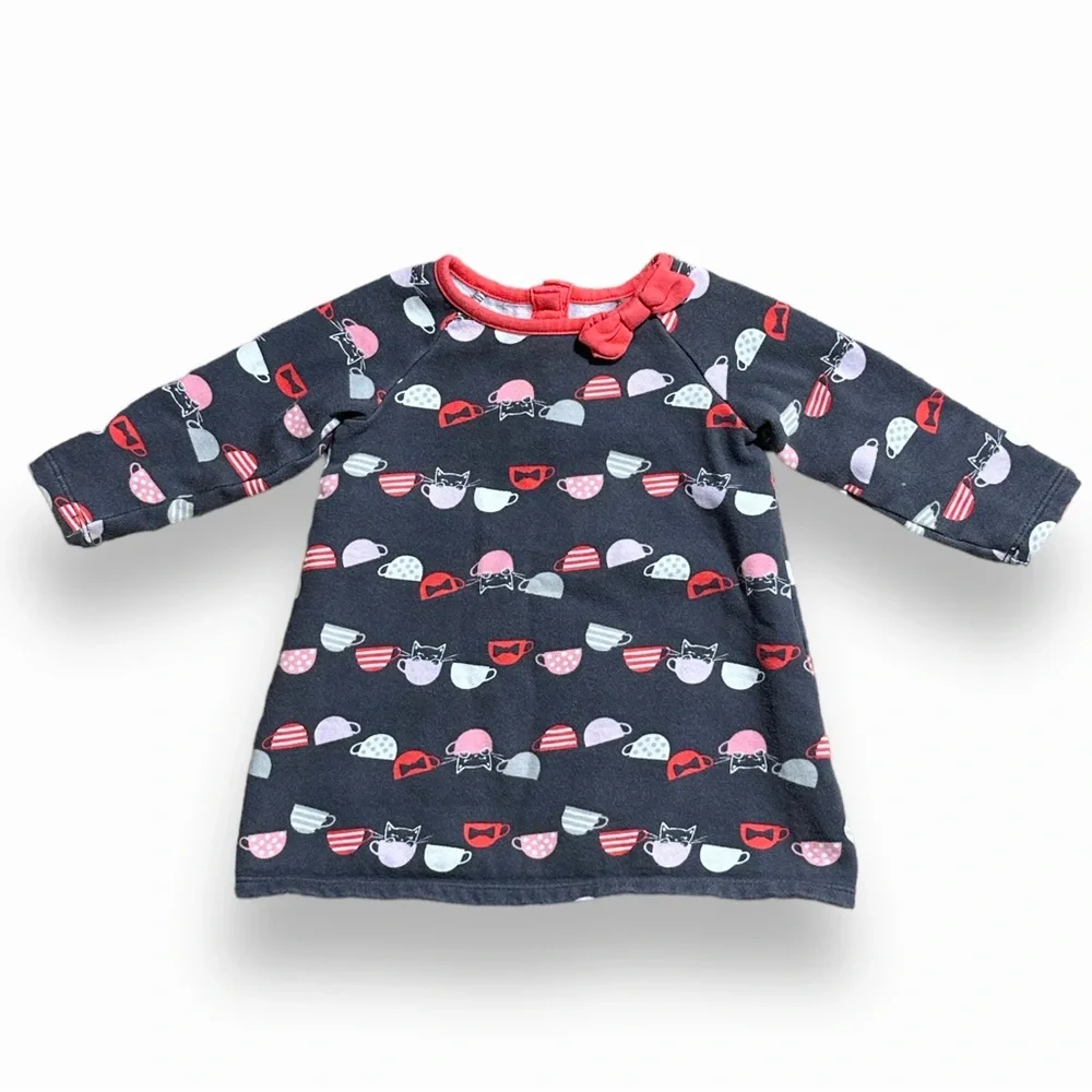 Gymboree Baby Toddler Girls Kitty Cat Tea Cup Long Sleeve Fleece Dress 12-18 mon